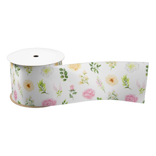 Summer Pink and Yellow Floral Satin Ribbon