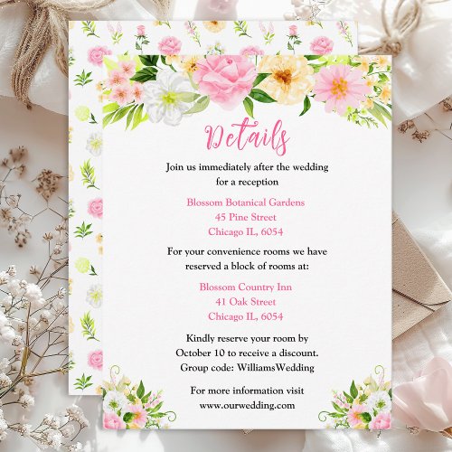 Summer Pink and Yellow Floral Wedding Details Enclosure Card