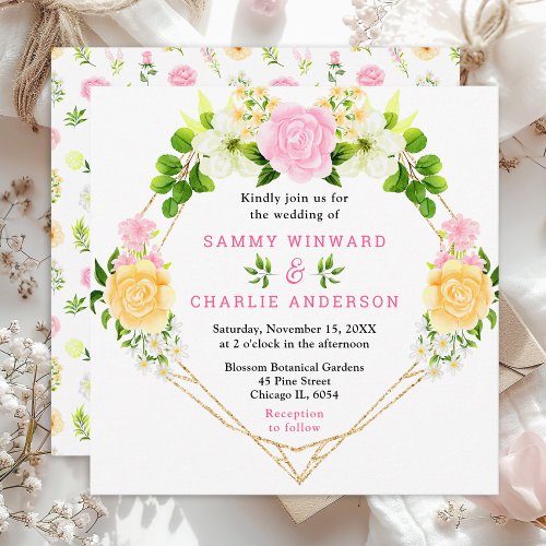 Summer Pink and Yellow Floral Wedding Invitation