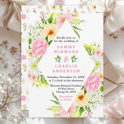 Summer Pink and Yellow Floral Wedding Invitation