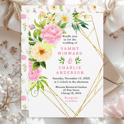 Summer Pink and Yellow Floral Wedding Invitation