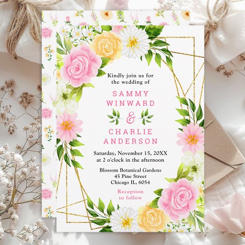 Summer Pink and Yellow Floral Wedding Invitation