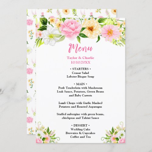 Summer Pink and Yellow Floral Wedding Menu