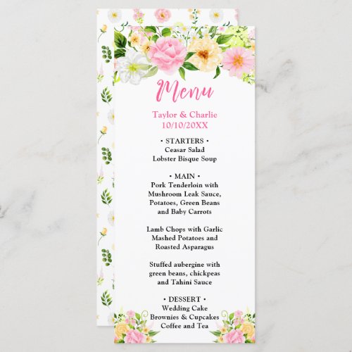 Summer Pink and Yellow Floral Wedding Menu