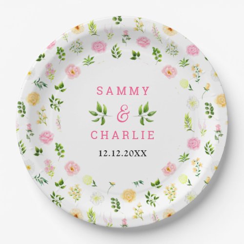 Summer Pink and Yellow Floral Wedding Paper Plates