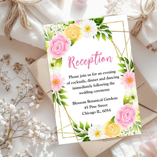 Summer Pink and Yellow Floral Wedding Reception Enclosure Card