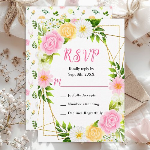 Summer Pink and Yellow Floral Wedding RSVP Card