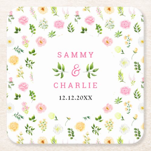 Summer Pink and Yellow Floral Wedding Square Paper Coaster