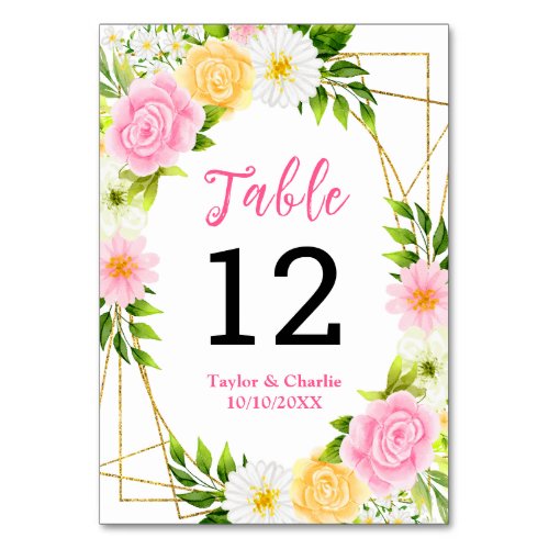 Summer Pink and Yellow Floral Wedding Table Number