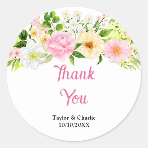 Summer Pink and Yellow Floral Wedding Thank You Classic Round Sticker