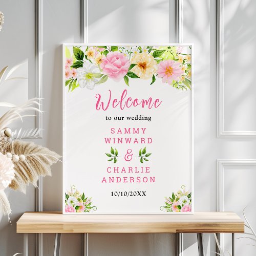 Summer Pink and Yellow Floral Wedding Welcome Sign