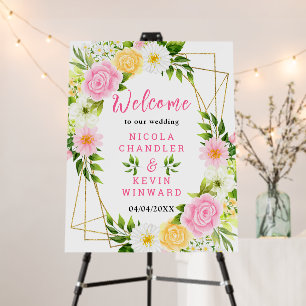 Summer Pink and Yellow Flower Wedding Welcome Sign
