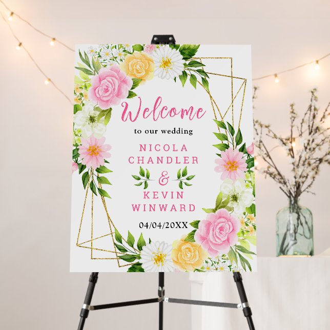 Summer Pink and Yellow Flower Wedding Welcome Sign (In Situ (Stand))