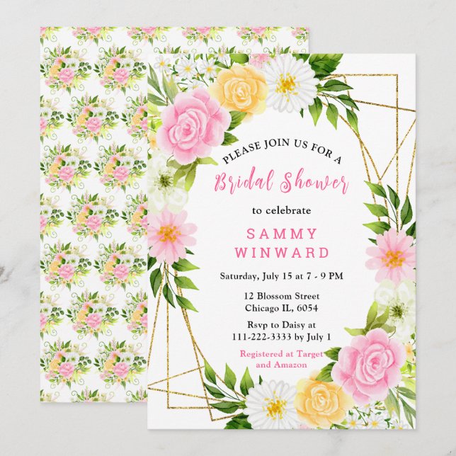 Summer Pink and Yellow Flowers and Foliage Invitation (Front/Back)