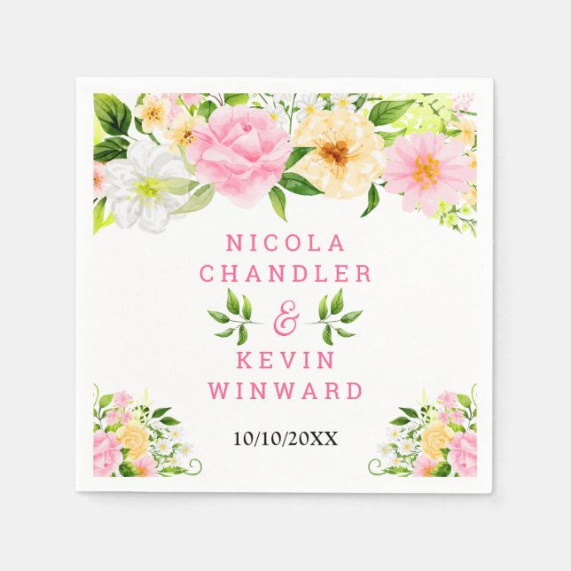 Summer Pink and Yellow Flowers and Foliage Napkins (Front)