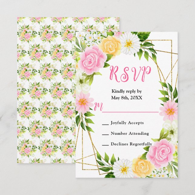 Summer Pink and Yellow Flowers and Foliage RSVP Card (Front/Back)