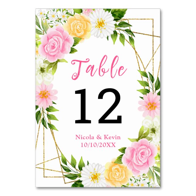 Summer Pink and Yellow Flowers and Foliage Table Number (Front)