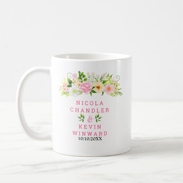 Summer Pink and Yellow Flowers and Foliage Wedding Coffee Mug (Left)