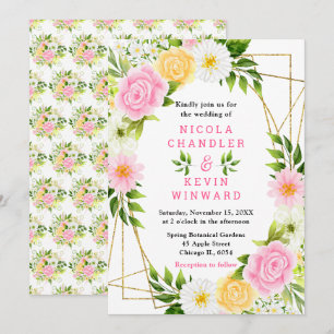 Summer Pink and Yellow Flowers and Foliage Wedding Invitation