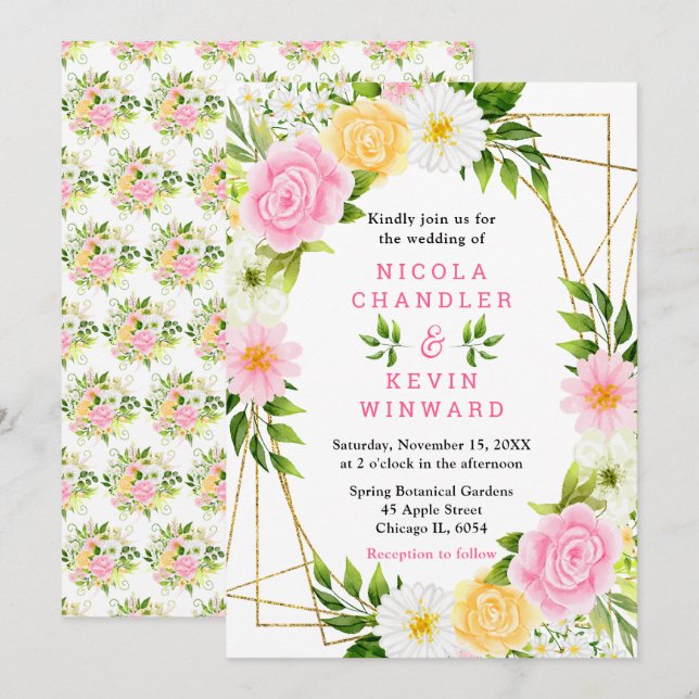 Summer Pink and Yellow Flowers and Foliage Wedding Invitation (Front/Back)