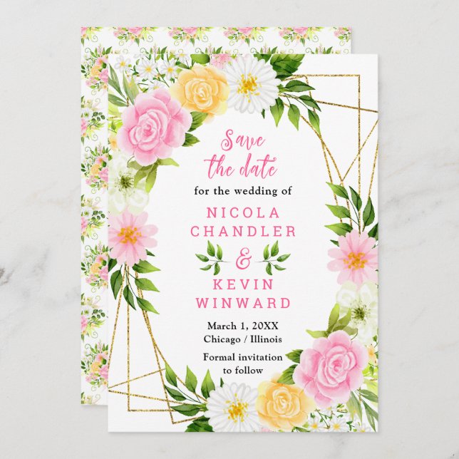 Summer Pink and Yellow Flowers and Foliage Wedding Save The Date (Front/Back)