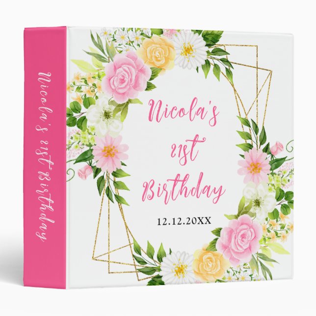 Summer Pink and Yellow Flowers Photo Album 3 Ring Binder (Front/Spine)