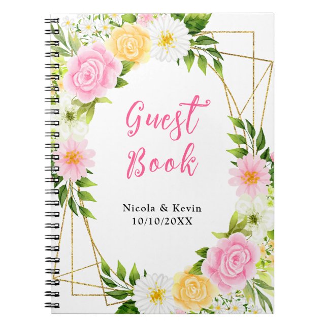 Summer Pink and Yellow Flowers Wedding Guest Book (Front)