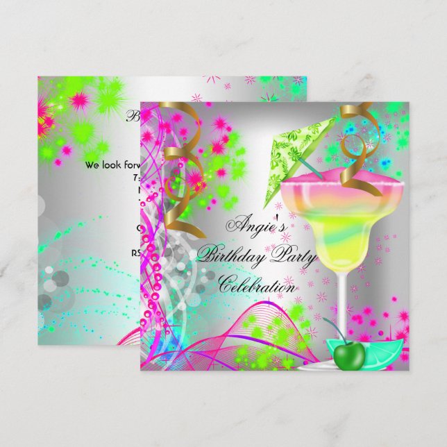 Summer Pink Birthday Party Colorful Cocktail Invitation (Front/Back)