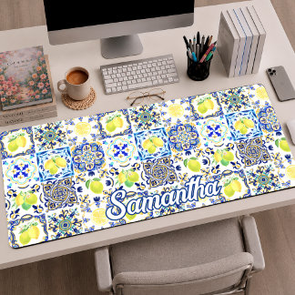 Summer Pink Blue Sicilian Majolica Citrus Tile Desk Mat