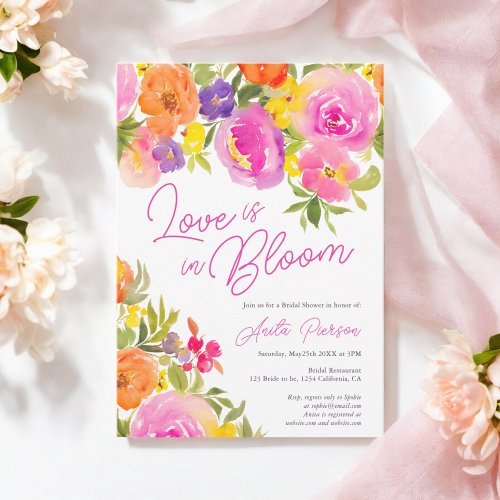 Summer Pink Bold floral watercolor bridal shower Invitation