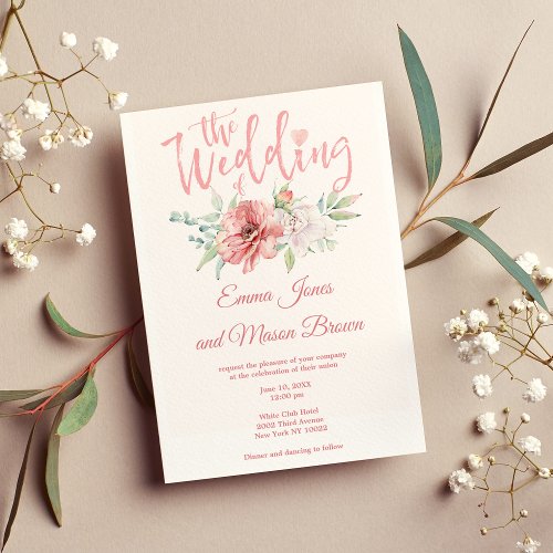 Summer pink coral mint floral typography Wedding Invitation