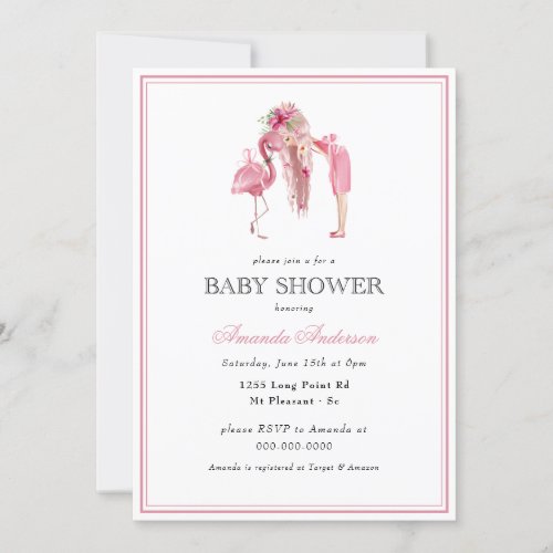 Summer Pink Flamingo Modern Girl Baby Shower Invitation