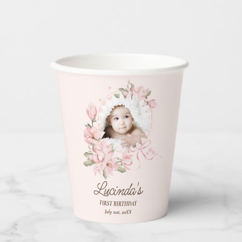 Summer Pink Floral Girl Photo Birthday Paper Cups