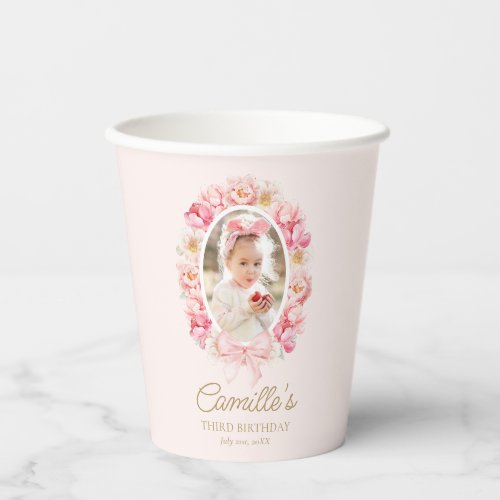 Summer Pink Floral Girl Photo Birthday Paper Cups