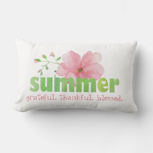 summer Pink Floral Grateful Thankful Blessed Lumbar Pillow