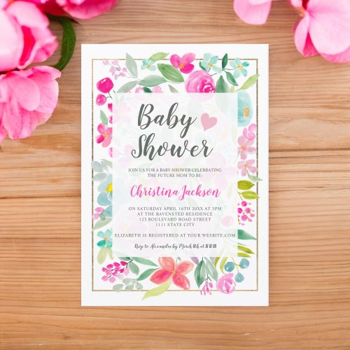 Summer pink floral watercolor gold baby shower invitation