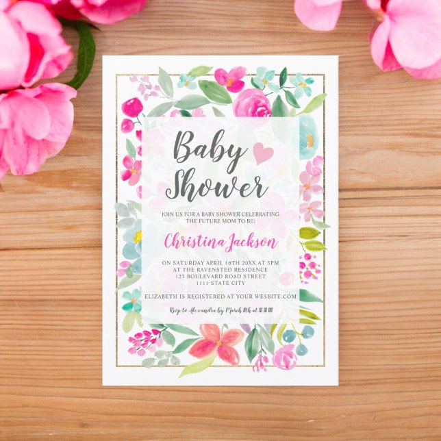 Summer pink floral watercolor gold baby shower invitation (Summer pink floral watercolor gold baby shower invitation)