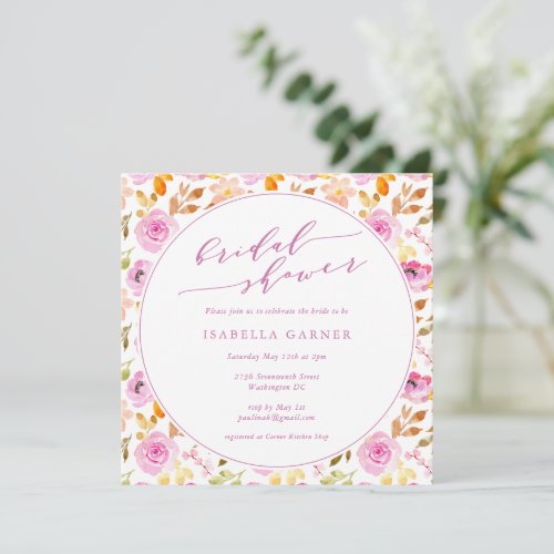 Summer Pink Girly Watercolor Floral Bridal Shower  Invitation