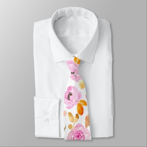 Summer Pink Girly Watercolor Floral Pattern Neck Tie