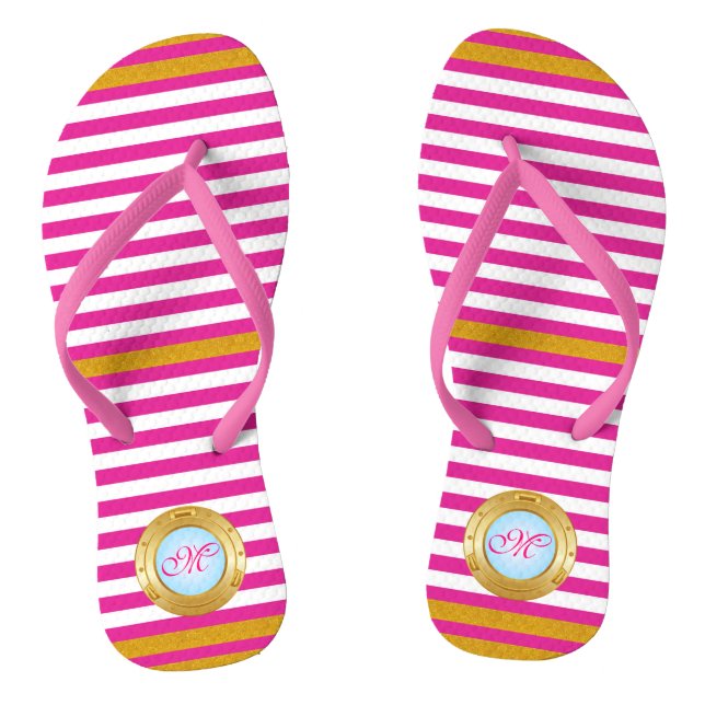 Summer Pink Gold Stripes Monogrammed Beach Flip Flops (Footbed)
