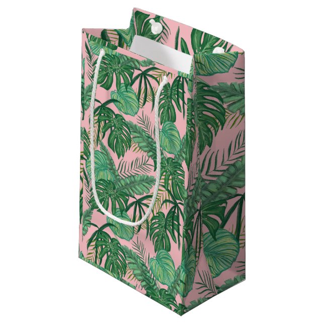 Summer Pink & Green Tropical Leaves Small Gift Bag (Front Angled)
