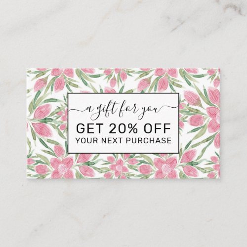 Summer Pink Green Watercolor Blooming Flowers Discount Card