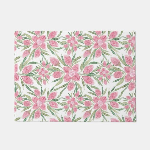 Summer Pink Green Watercolor Blooming Flowers Doormat