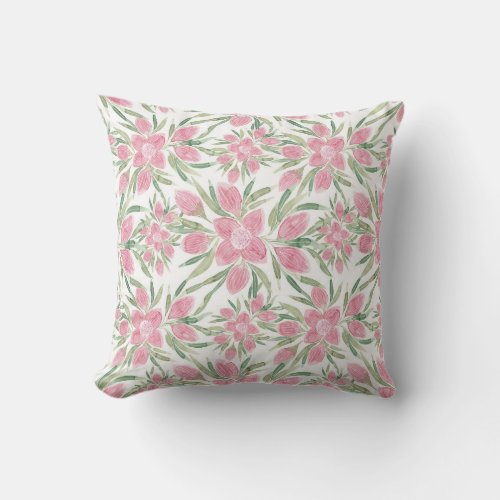 Summer Pink Green Watercolor Blooming Flowers Outdoor Pillow
