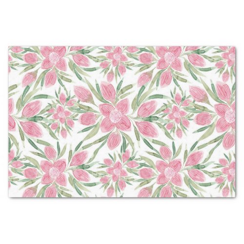 Summer Pink Green Watercolor Blooming Flowers Tissue Paper