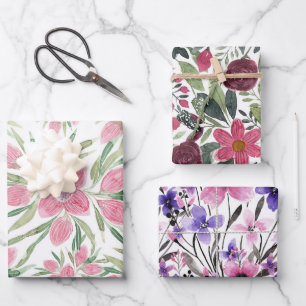 Summer Pink Green Watercolor Blooming Flowers Wrapping Paper Sheets