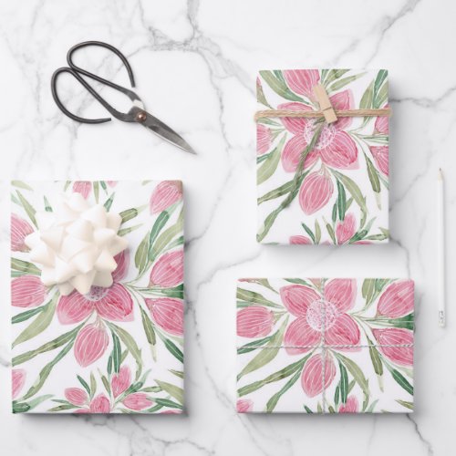 Summer Pink Green Watercolor Blooming Flowers Wrapping Paper Sheets