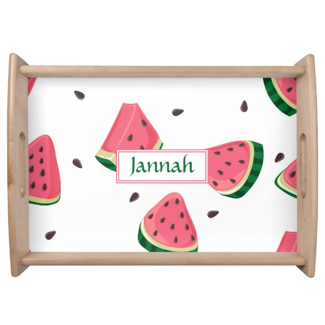 Summer Pink Green Watermelon Fruit Name Serving Tray (Front)
