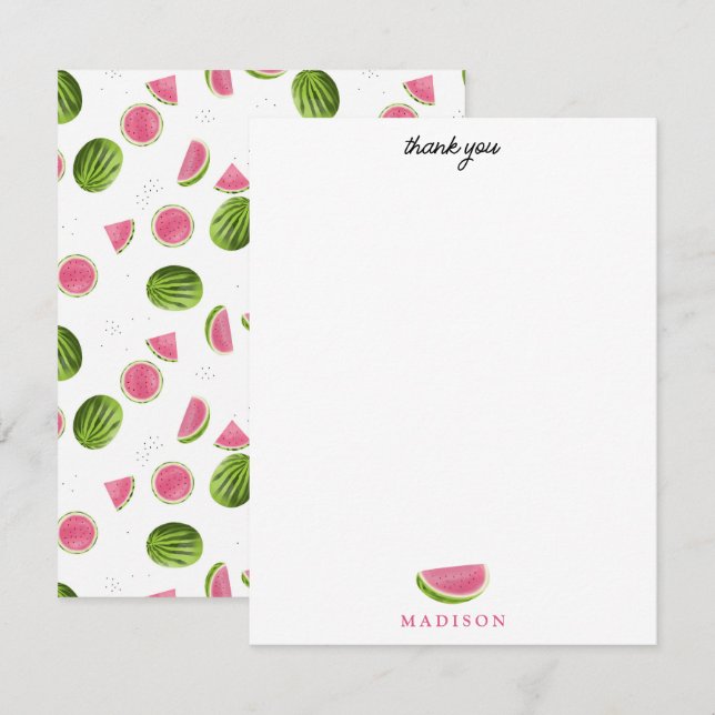 Summer Pink & Green Watermelon Pattern Thank You Card (Front/Back)