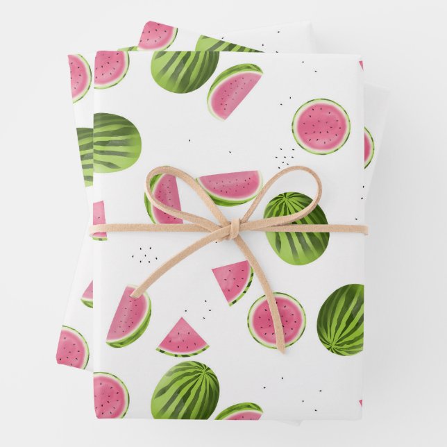 Summer Pink & Green Watermelon Pattern Wrapping Paper Sheets (In situ)